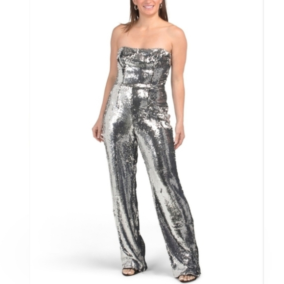 Dress The Population ANDY Silver Sequined Strapless Jumpsuit Rockstar Sexy Glam - Picture 3 of 17
